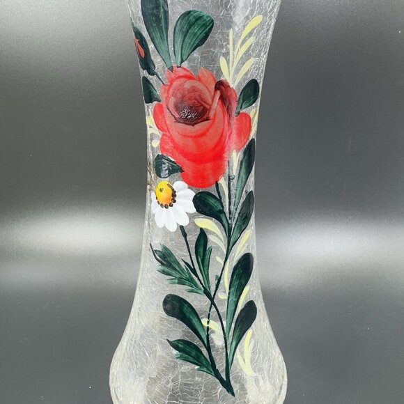 Vintage Tall Art Glass Vase Clear Crackle Glass Vessel Vase With Floral Pattern - Picture 3 of 14